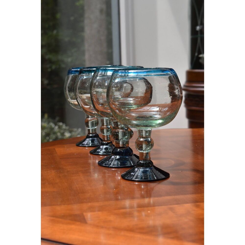 Hand Blown Mexican Margarita Glasses Set of 4 Aqua Rim Cobalt Foot Bubble Glass